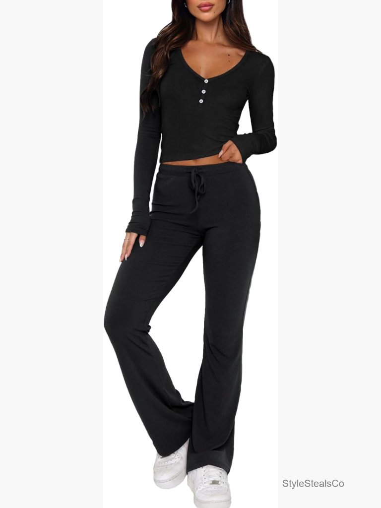 2 Piece Lounge Set Long Sleeve Crop Top Flare Pants Y2k Tracksuit